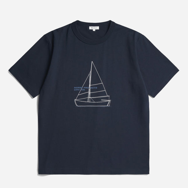 Holger Organic Boat Print T-Shirt - Dark Navy