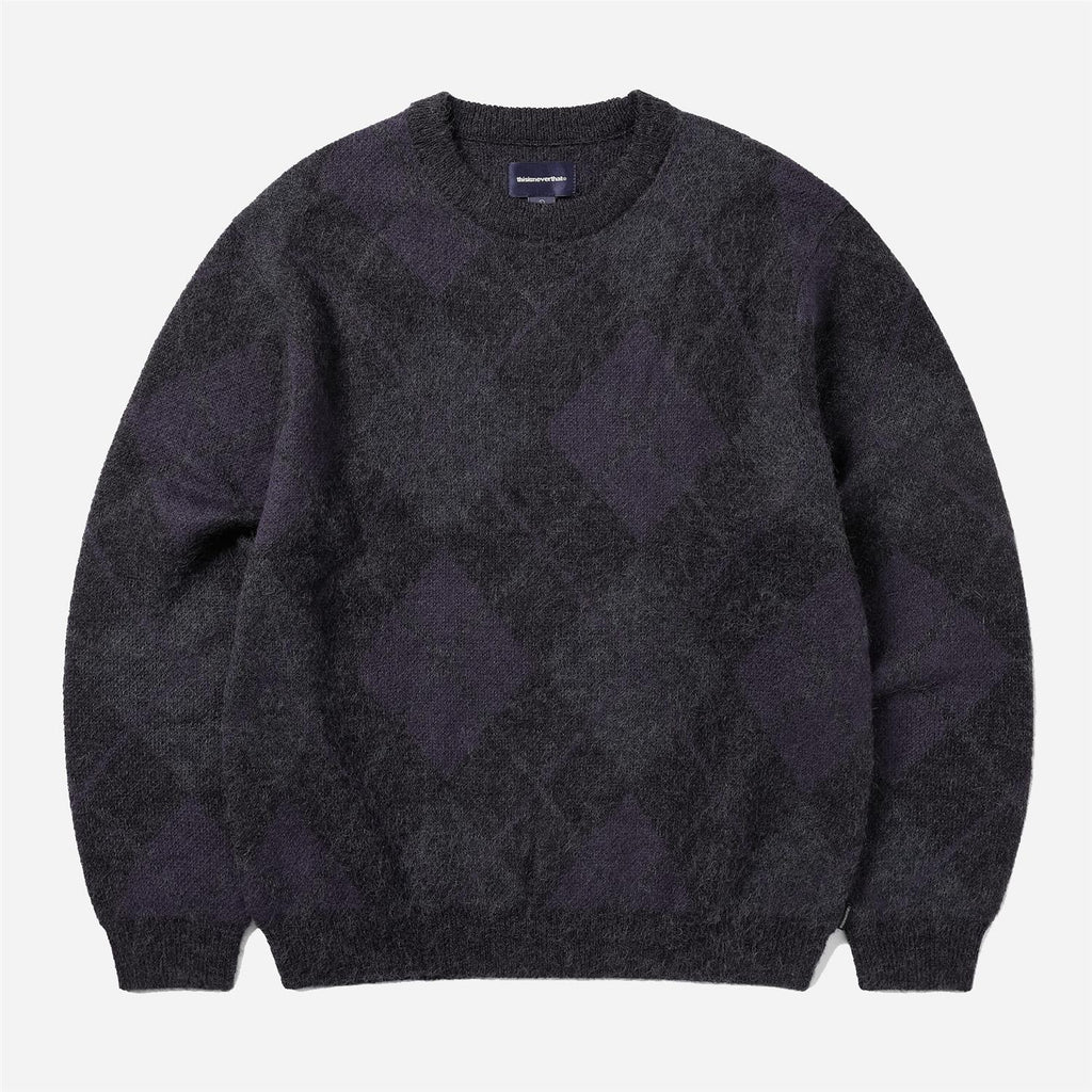 Mohair Argyle Knit Sweater - Dark Purple