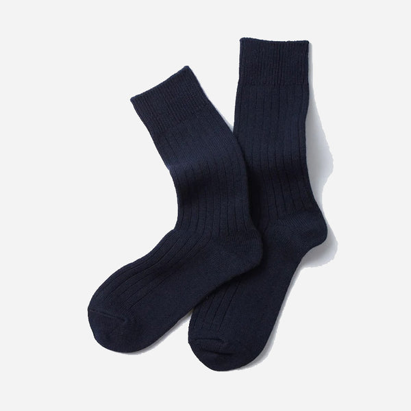 Cotton Wool Ribbed Crew Socks - Dark Navy